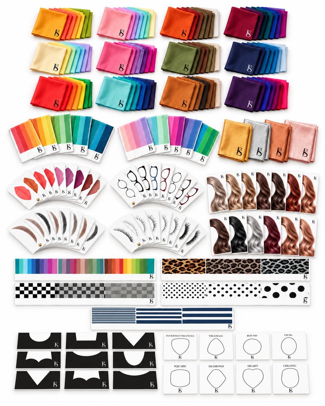 Paños de colorimetría, banderas de subestaciones, paños metalizados, paños neutros,  tipos de lentes, tipos de labiales, tipos de escotes, tipos de rostros, tipos de cejas y tipos de pestañas